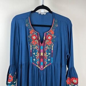 Solitaire‎ Boho Dress Womens Large Teal Blue Embroidered Floral Balloon Sleeve